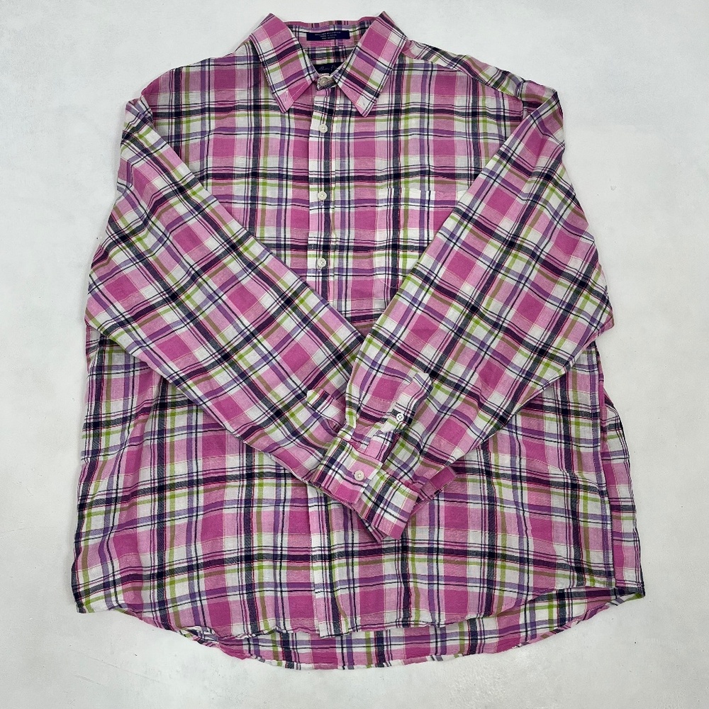Alan Flusser Men’s XL Colorful Plaid Shirt Linen Blend Button Down Multicolor